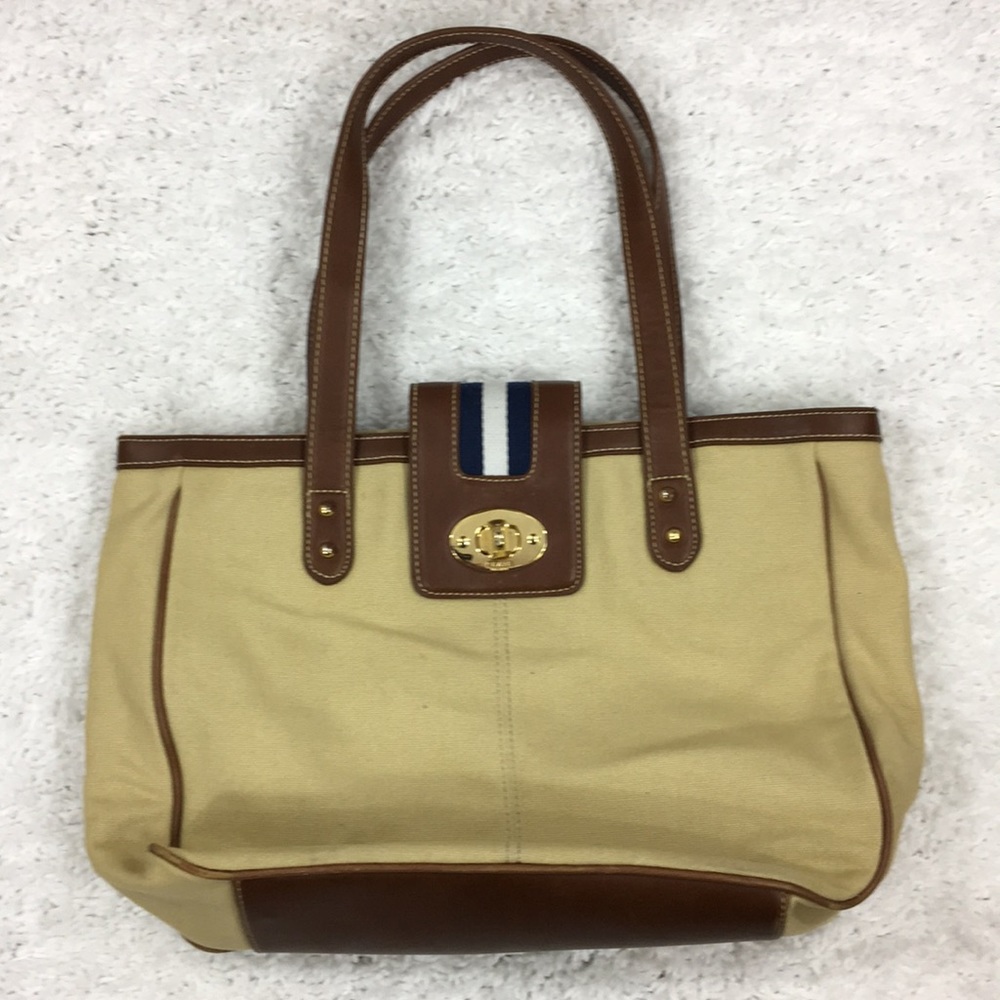 CHAPS Ralph Lauren Canvas Tan/Brown Tote Handbag